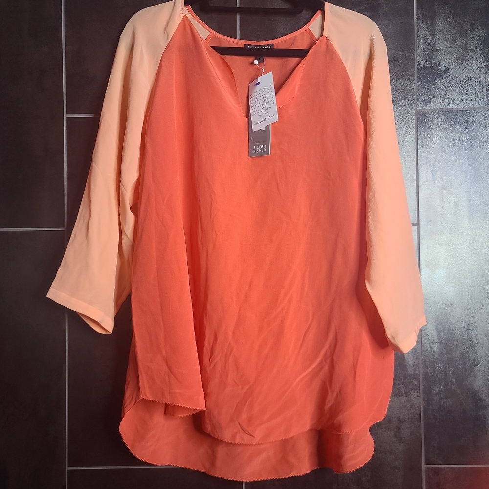 Eileen Fisher Orange Peach Ballet Slit Silk Blouse